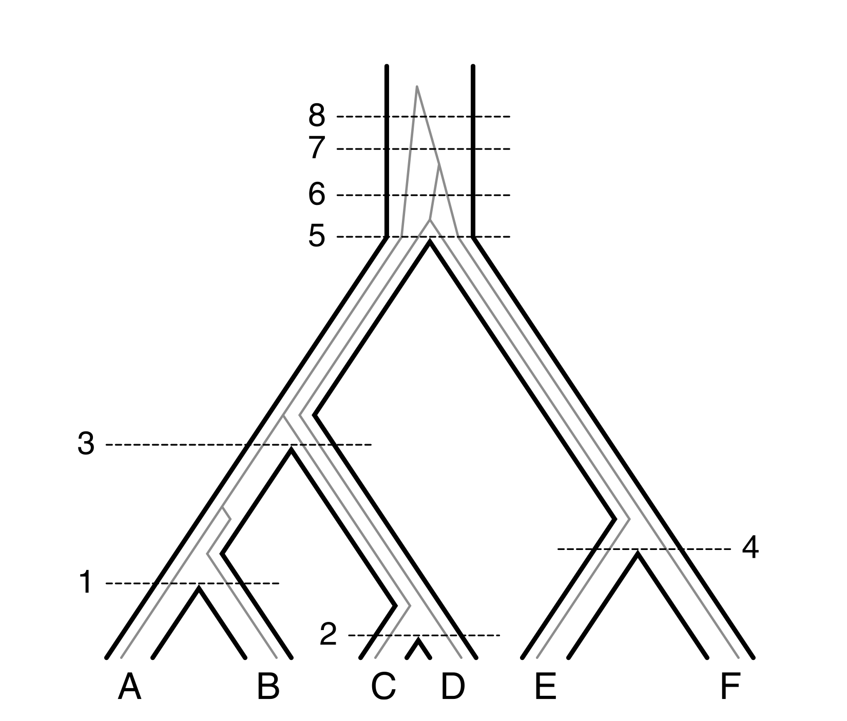 Figure 1. The species tree is shown in bold, and the gene tree is shown with thin gray lines. The coalescence of A and B is mapped to an edge of S directly above the corresponding node of S (labeled by 1). Many coalescences are mapped above the root of S. The figure is taken from Rosenberg (2007)